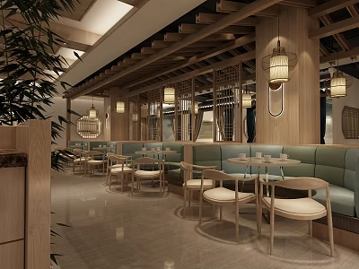 Wooden Themed Restaurant Interior With Hanging Lanterns Green Plants And Booth Seats 3d model