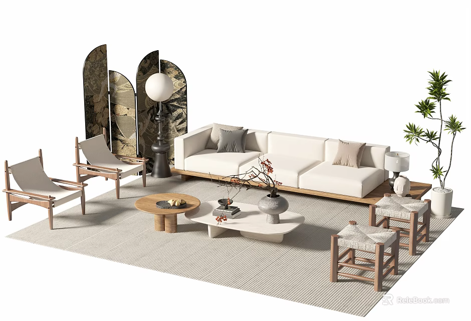 Modern Sofa and Coffee Table Set in Living Room With Wooden Chairs and Potted Plant 3d model 