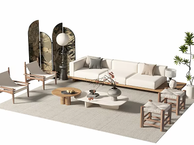 Modern Sofa and Coffee Table Set in Living Room With Wooden Chairs and Potted Plant 3d model