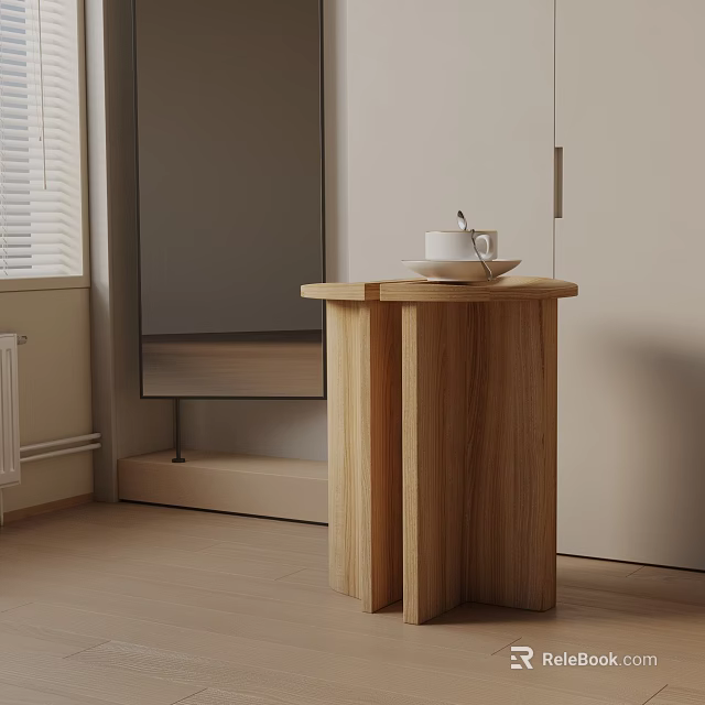 Stylish Wooden Side Table with Round Top Pillar Legs and Cup on Saucer in Living Room 3d model 