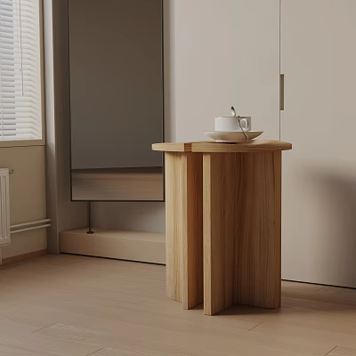 Stylish Wooden Side Table with Round Top Pillar Legs and Cup on Saucer in Living Room 3d model