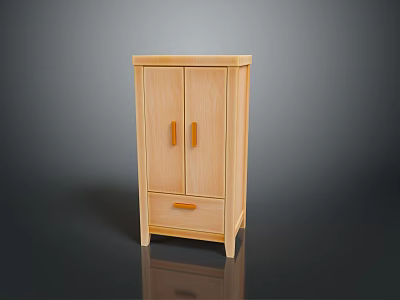 Wooden Cabinet With Double Doors Single Drawer Light Wood Finish And Metal Handles 3d model
