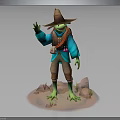 Anthropomorphic Frog Character Wearing Wizard Hat Blue Coat Brown Pants Waving Hand On Rocky Base