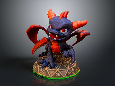 Vibrant Dragon-like Mythical Creature Figurine With Red Horns Wings Blue Body On Geometric Pattern Base 3d model