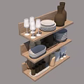 Multi Tiered Wooden Shelf Displaying Dinnerware Set With Plates Bowls Glasses And Jars