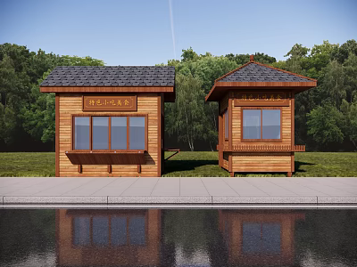 Two Wooden Kiosks With Dark Tile Roofs Near Green Trees And Water 3d model