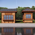 Two Wooden Kiosks With Dark Tile Roofs Near Green Trees And Water