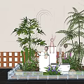 Indoor Landscape With Green Plants Rabbit Figurines White Pedestals Purple Flowers And Blue White Border