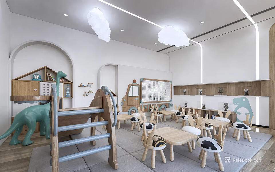 Modern Kindergarten Interior With Dinosaur Slide Wooden Tables Chairs And Cloud Lights 3d model 