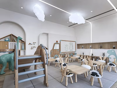 Modern Kindergarten Interior With Dinosaur Slide Wooden Tables Chairs And Cloud Lights 3d model