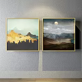 Landscape Paintings With Moon Mountains Camel River And Deer On Wall 3d model