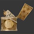 Golden Decorative Storage Box Featuring Open Lid And Intricate Coin Patterns
