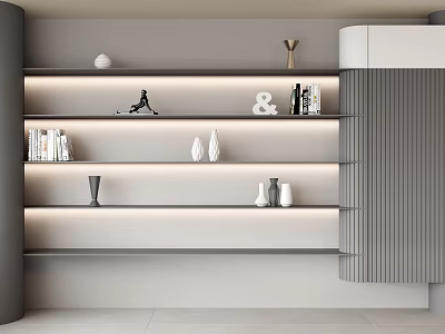 Elegant Modern Gray Bookshelf With Built in LED Lights Books And Decorative Pieces 3d model