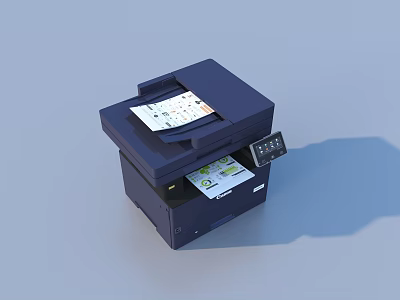 Blue Multifunction Printer With Control Panel And Paper For Printing Scanning 3d model