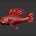 Fierce Red Fish With Purple Orange Fins And Yellow Eyes 3D Render On Dark Background