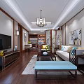 Elegant New Chinese Style Living And Dining Room Interior Design With Wooden Furnishings And Large Windows