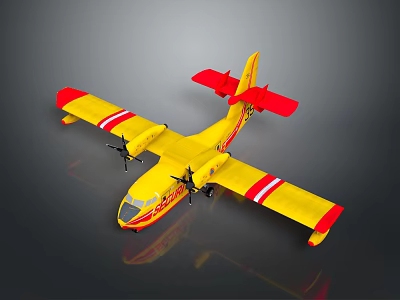 Yellow Passenger Plane With Red Stripes On Wings Tail And Twin Propellers Design 3d model