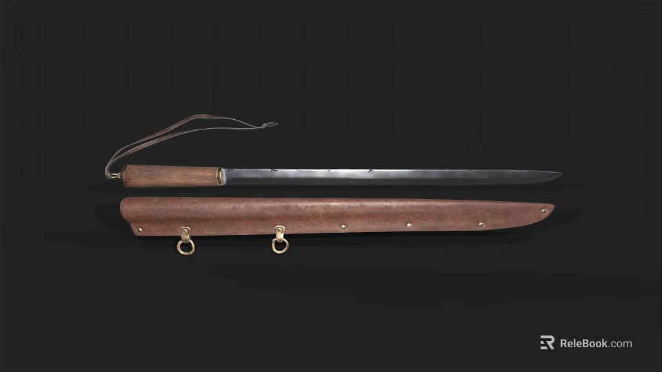 Vintage Weapon With Wooden Handle Leather Sheath Metal Blade And Leather Lanyard 3d model 