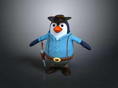 Cartoon Penguin Character Wearing Blue Outfit With Hat Belt And Gun 3d model