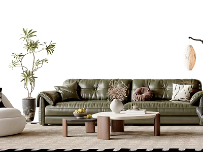 Green Leather Sofa And Wooden Coffee Table Set With Decorative Cushions Potted Plant And White Armchair 3d model