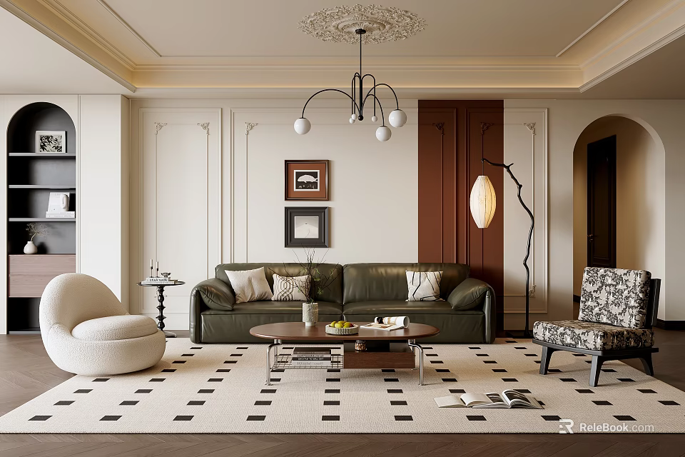 Stylish Living Room Interior With Green Sofa Patterned Rug Chandelier And Accent Chairs 3d model 