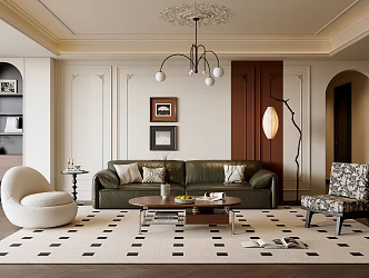French Middle-style Living Room Sofa Coffee Table Combination Leather Sofa Casual Chair Multi-person Sofa Floor Lamp Picture Sofa Background Wall Carpet Chandelier Carved 3d model