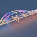 Arch Bridge With Colorful Lights And Steel Frame Over Water Reflection