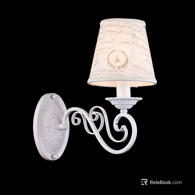 Elegant White Metal Wall Sconce with Curved Design and Beige Patterned Lampshade 3d model 