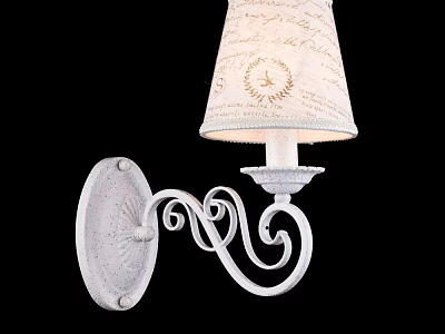 Elegant White Metal Wall Sconce with Curved Design and Beige Patterned Lampshade 3d model