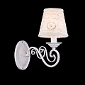 Elegant White Metal Wall Sconce with Curved Design and Beige Patterned Lampshade