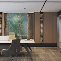 Modern Office Conference Room With Long Table Chairs Green Plants Art Wall And Glass Partition