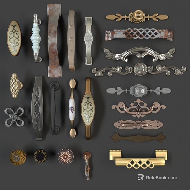 Various Decorative Furniture Handles in Metal Brass Vintage Modern Styles 3d model 