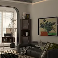 Modern Cozy Living Dining Room Interior With Artworks Bookshelf TV Plant And Rug