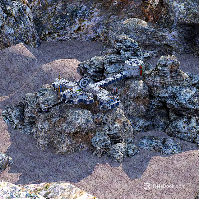 Cartoon Scene With Central Base Structure Surrounded By Rocks And Sandy Ground 3d model 