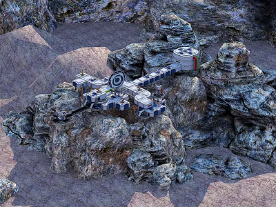 Cartoon Scene With Central Base Structure Surrounded By Rocks And Sandy Ground 3d model
