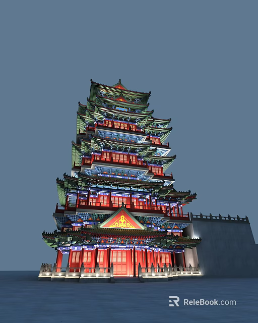 Ancient Chinese Traditional Tower Architecture Multi Story Design Overhanging Eaves Red Windows Golden Decorations Lighting 3d model 