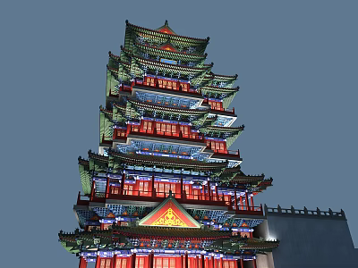 Ancient Chinese Traditional Tower Architecture Multi Story Design Overhanging Eaves Red Windows Golden Decorations Lighting 3d model
