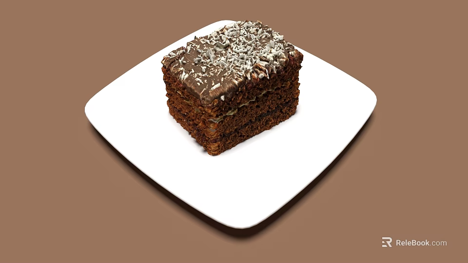 Delicious Layered Chocolate Cake with Shredded Coconut Topping on White Square Plate 3d model 