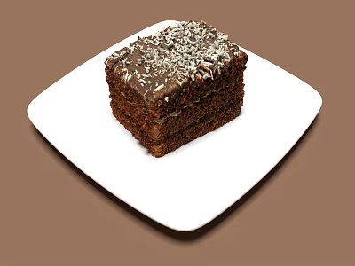 Delicious Layered Chocolate Cake with Shredded Coconut Topping on White Square Plate 3d model