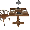 Rustic Wooden Dining Table And Chair Set With Tableware Bowls Plates And Hanging Lamp