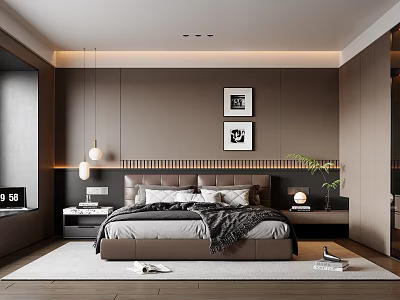 Modern Bedroom Interior Design With King Size Bed Wall Art Pendant Lights And Area Rug 3d model