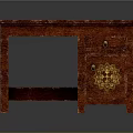 Red Wooden Desk With Drawer And Golden Pattern Cabinet For Home Use