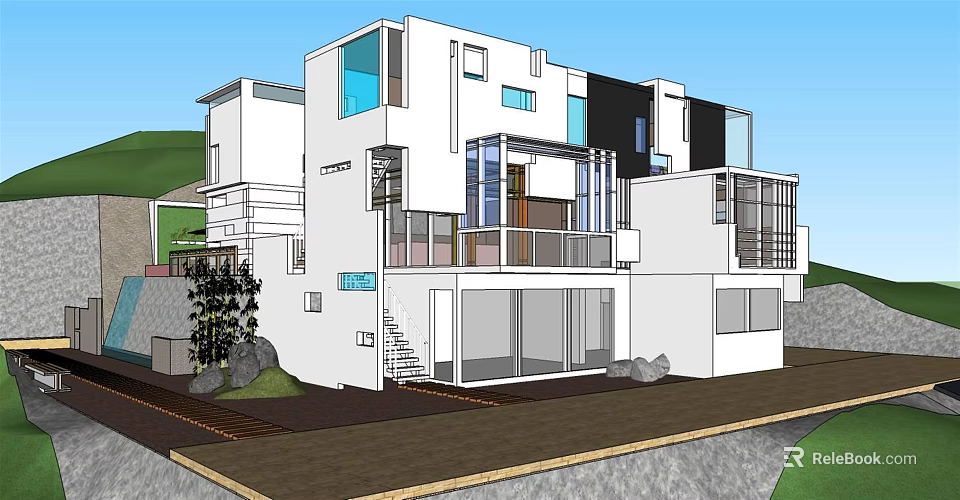 Modern Detached Villa Architecture With White Exterior Large Glass Windows And Balcony 3d model 