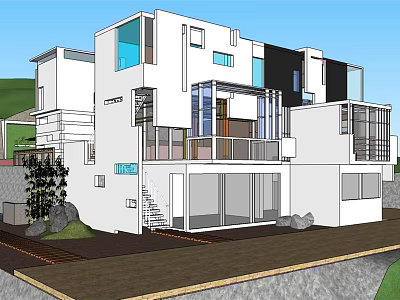 Modern Detached Villa Architecture With White Exterior Large Glass Windows And Balcony 3d model
