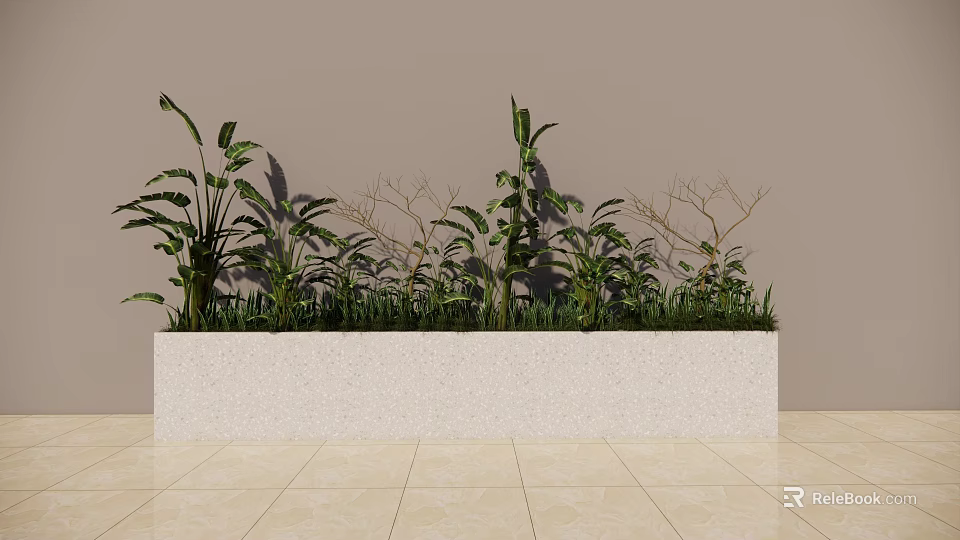 Various Green Potted Plants in White Rectangular Planter Against Light Brown Wall and Tiled Floor 3d model