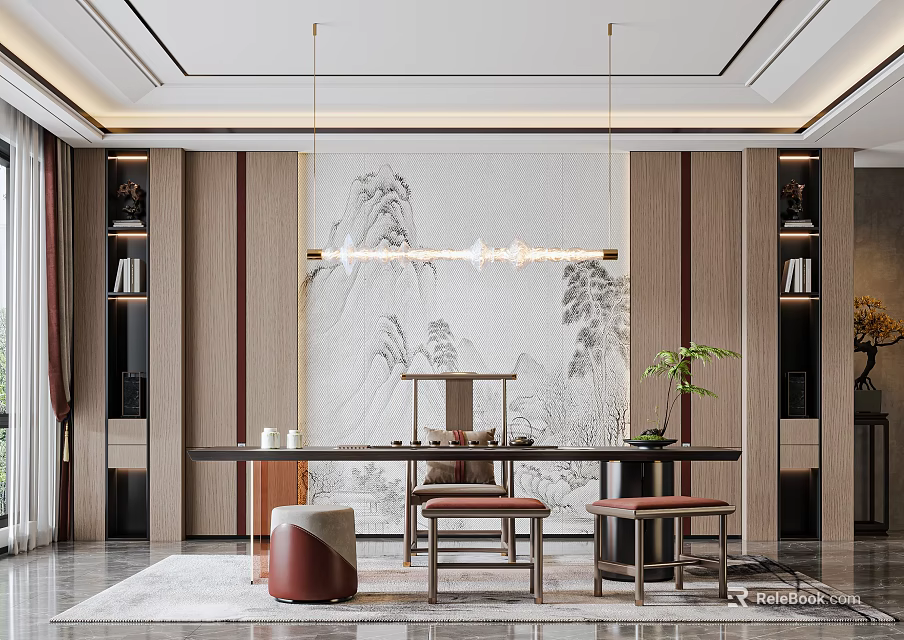 Modern Tea Room Interior With Wooden Tea Table And Decorative Wall Art 3d model 