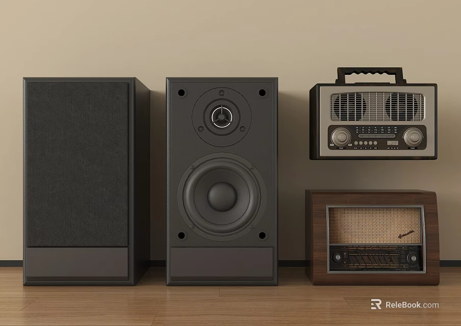 Modern And Vintage Audio Speakers With Retro Radio And Wooden Design 3d model 