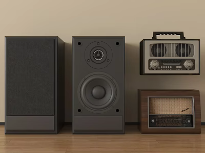 Modern And Vintage Audio Speakers With Retro Radio And Wooden Design 3d model