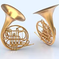 Two Golden French Horn Musical Instruments And Art Supplies With Shiny Brass Design