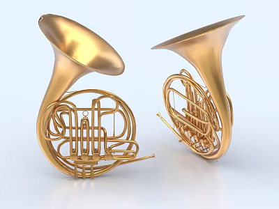 Two Golden French Horn Musical Instruments And Art Supplies With Shiny Brass Design 3d model